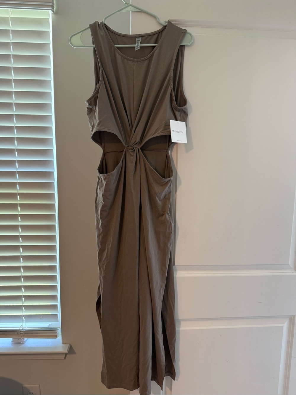 Beyond Yoga Sleeveless Twist-Front Maxi Dress in Taupe